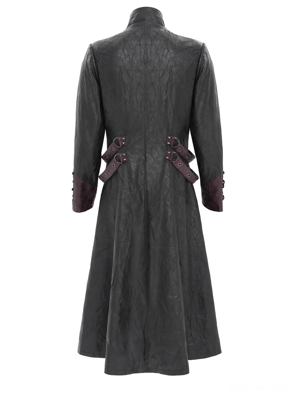 Rear view of gothic long overcoat showing solid black faux leather, waist buckle straps, clean back design on mannequin