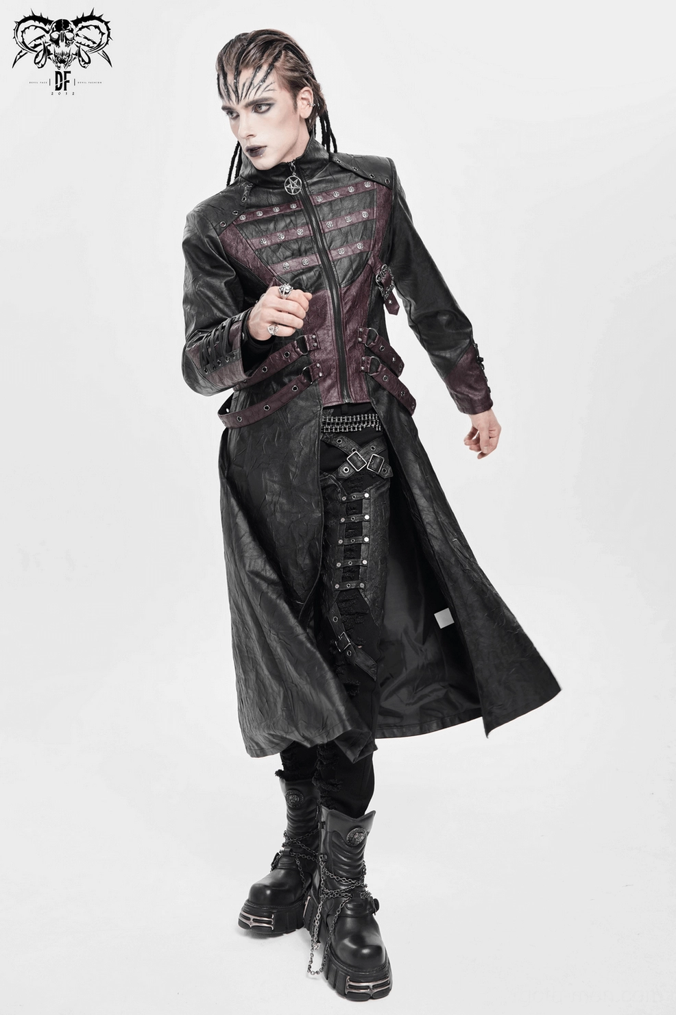 Detailed view of gothic coat structured shoulders and high stand collar with pentagram hardware accent