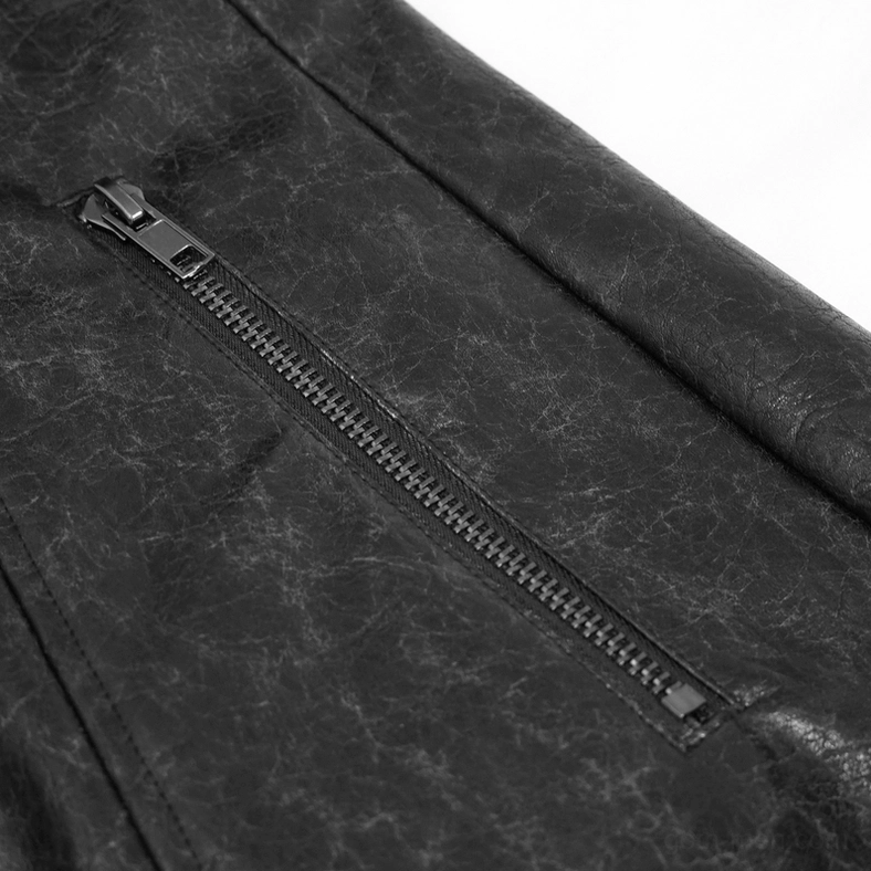 Close-up of gothic coat shoulder spike details and shoulder seam construction with metal embellishments