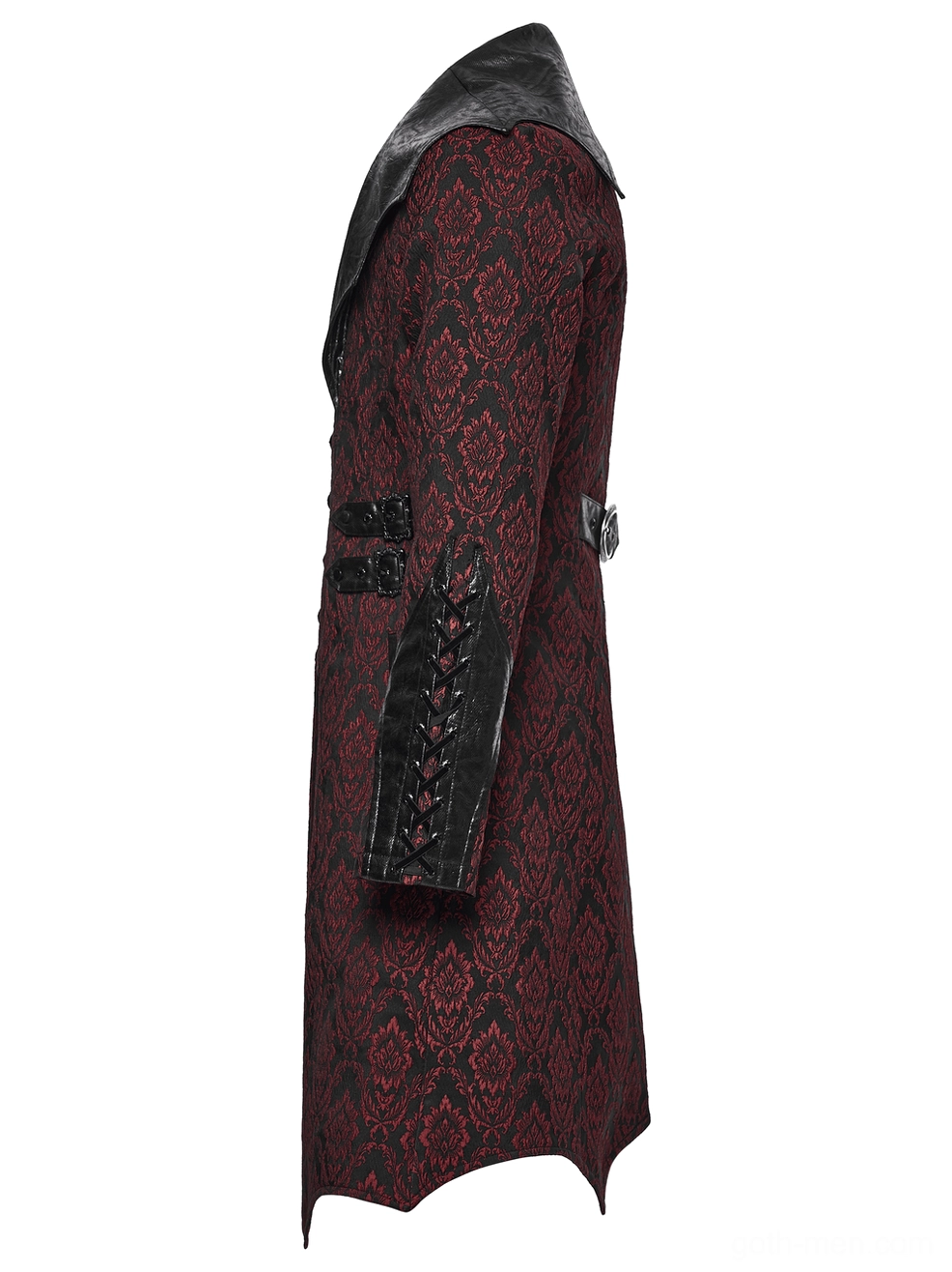 Jacquard coat side view showing fitted silhouette and lace-up leather cuff details