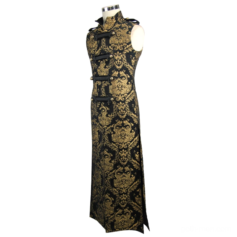 Gothic sleeveless long coat side angle view on mannequin showing hem slit and damask weave detail