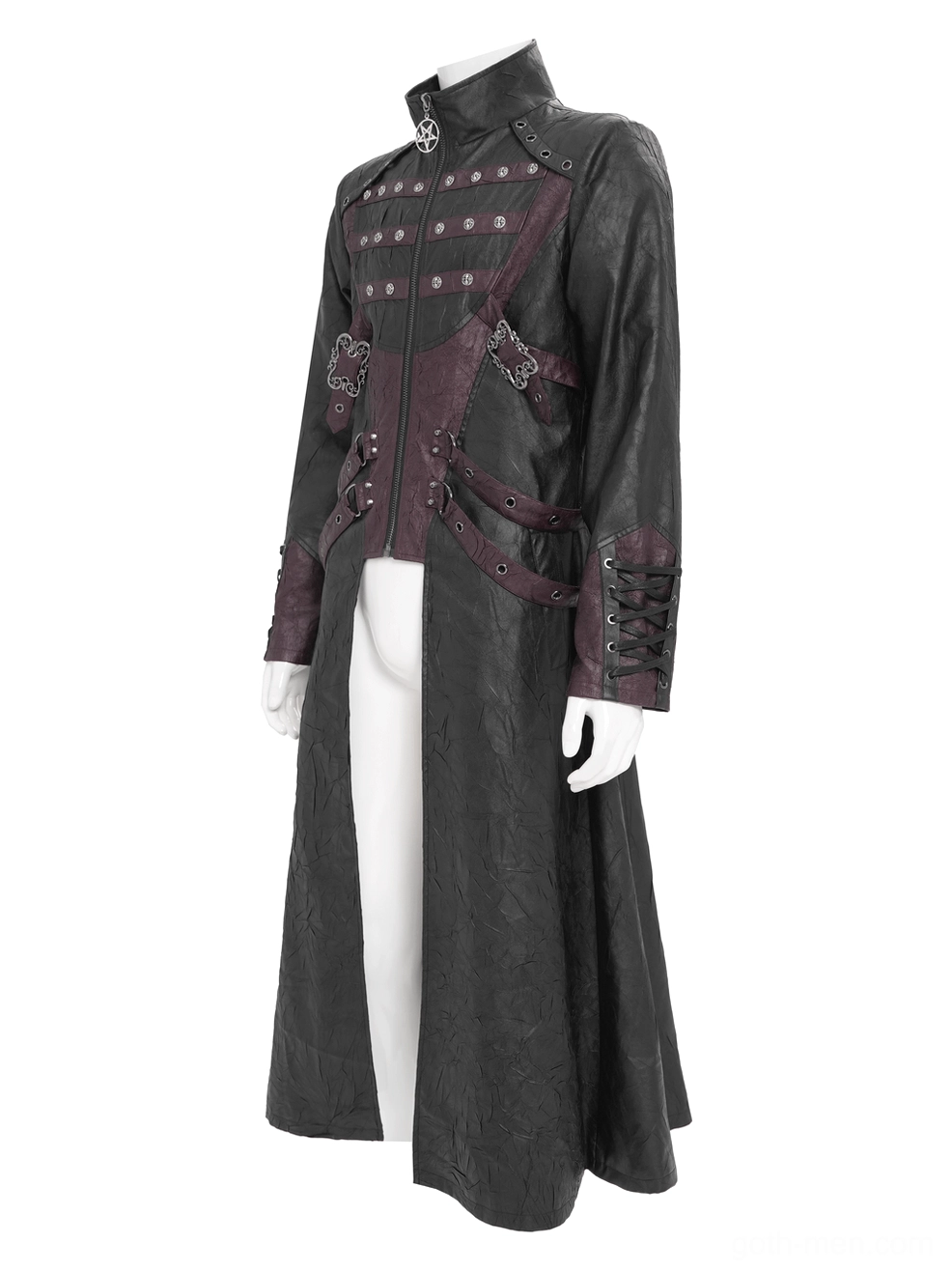 Side profile of gothic buckled coat showing lace-up sleeve details and floor-length hem with wine red accents