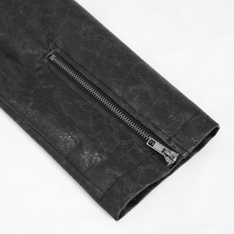 Close-up sleeve detail of gothic coat showing metal zipper cuff closure, distressed black faux leather material, and neatly stitched sleeve hem