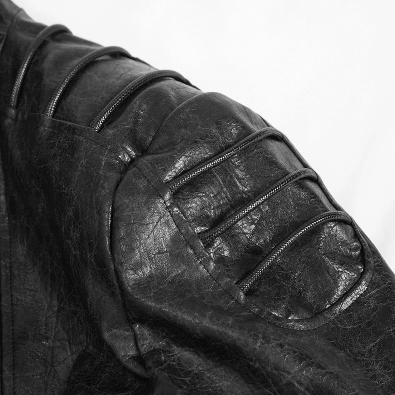 Detail view of gothic coat collar construction, showcasing tall structured stand collar and precision tailoring of neckline hardware