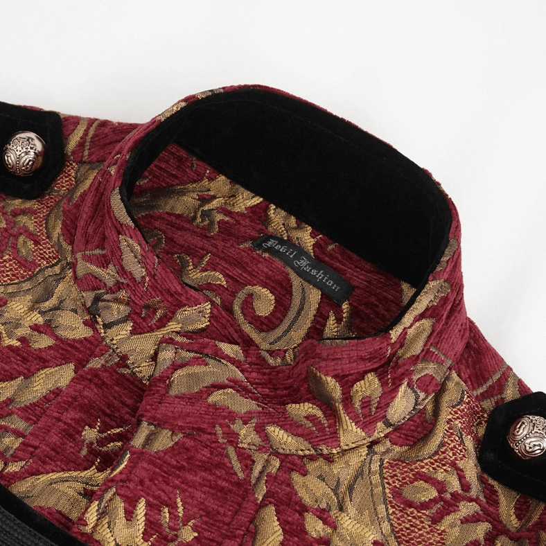 Close-up of gothic coat stand collar interior featuring velvet lining, sewn brand documentation, and silver decorative shoulder tab buttons