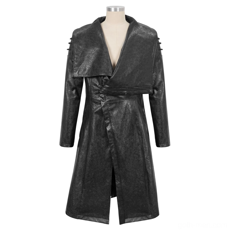 Display mannequin wearing alternative gothic coat style, frontal view with wide flat fold-over collar and asymmetrical wrap front with shoulder details
