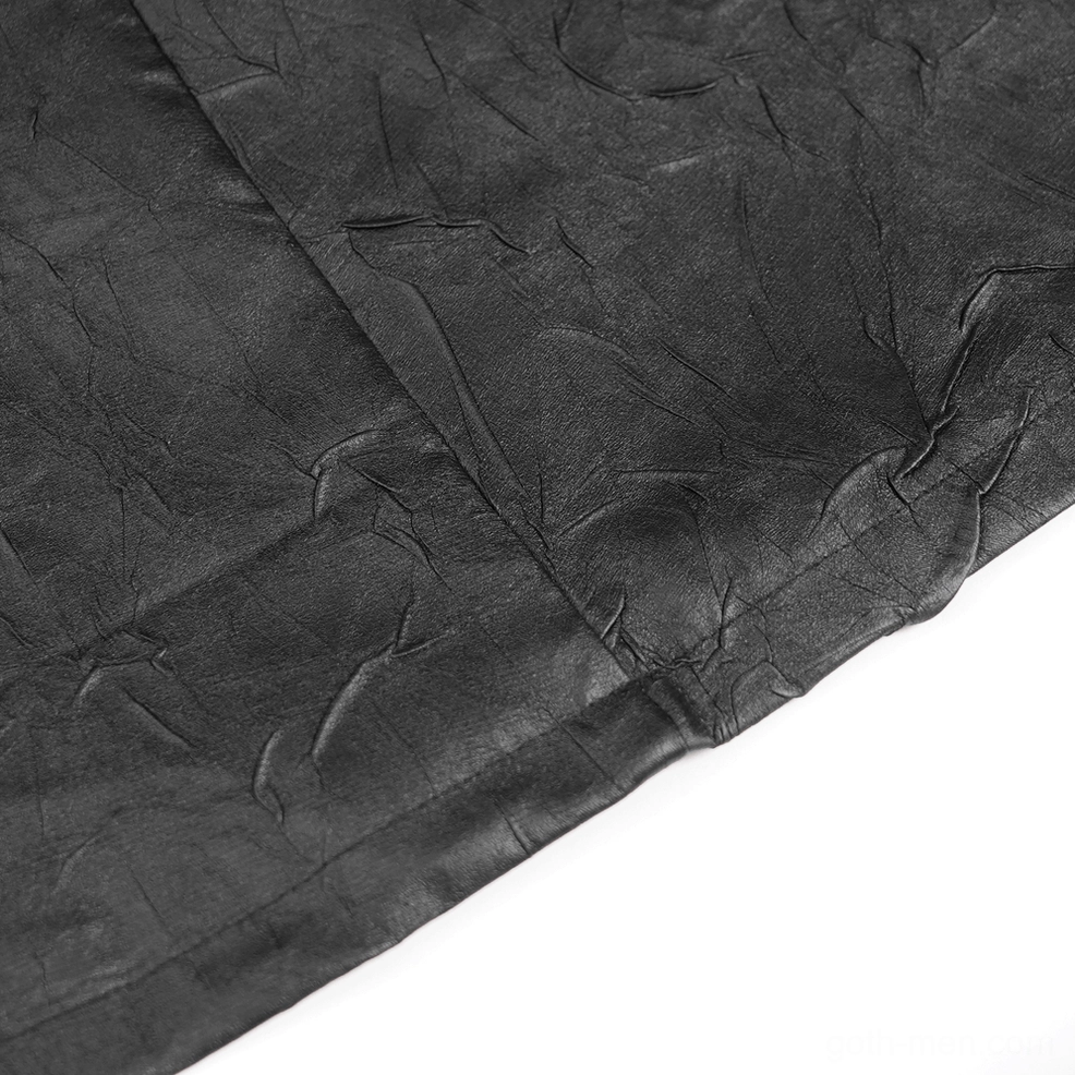Wine red and black faux leather contrast panels with metal buckles creating layered gothic coat aesthetic