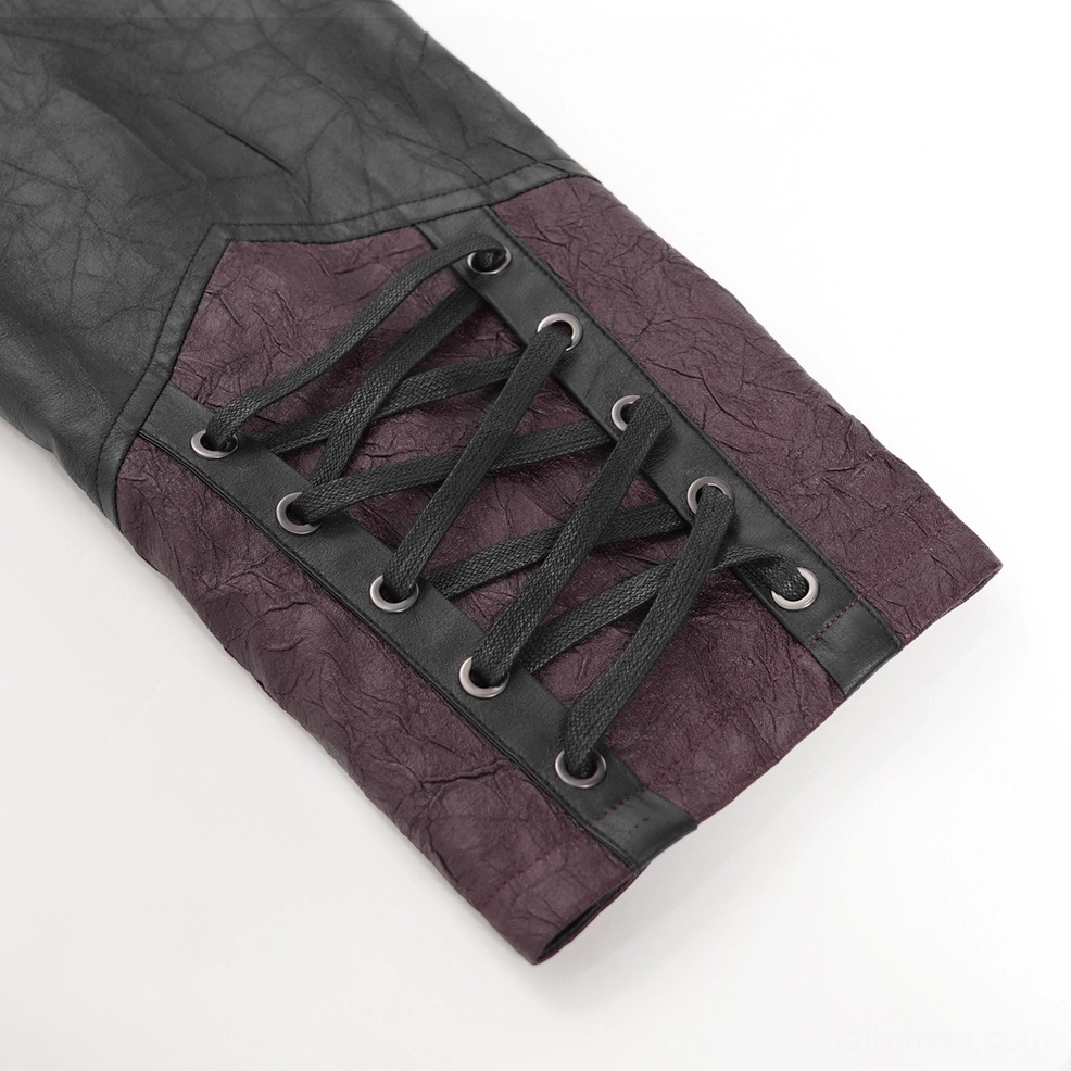 Gothic long coat showing pentagram zipper pull, metal studs, and contrasting wine red buckle panel system
