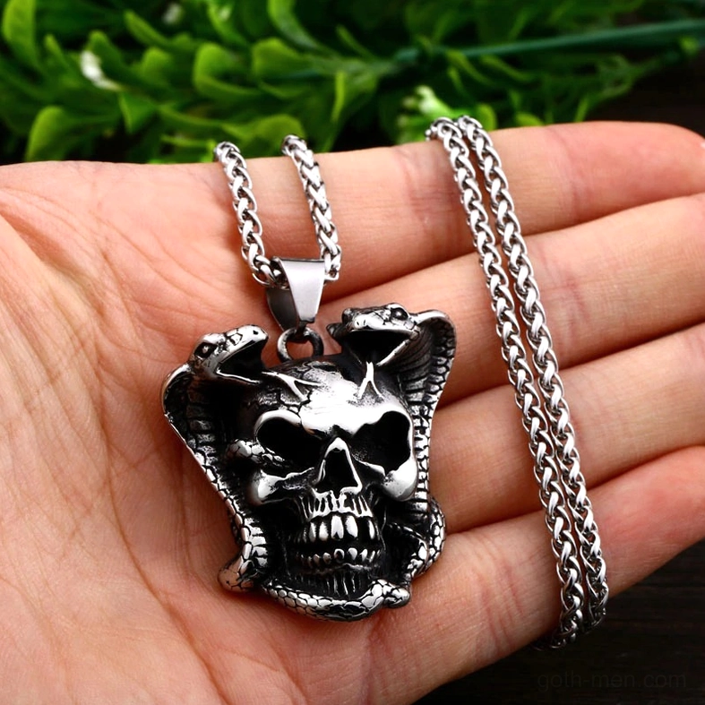 Gothic cobra skull necklace pendant antique silver finish - dark aesthetic jewelry