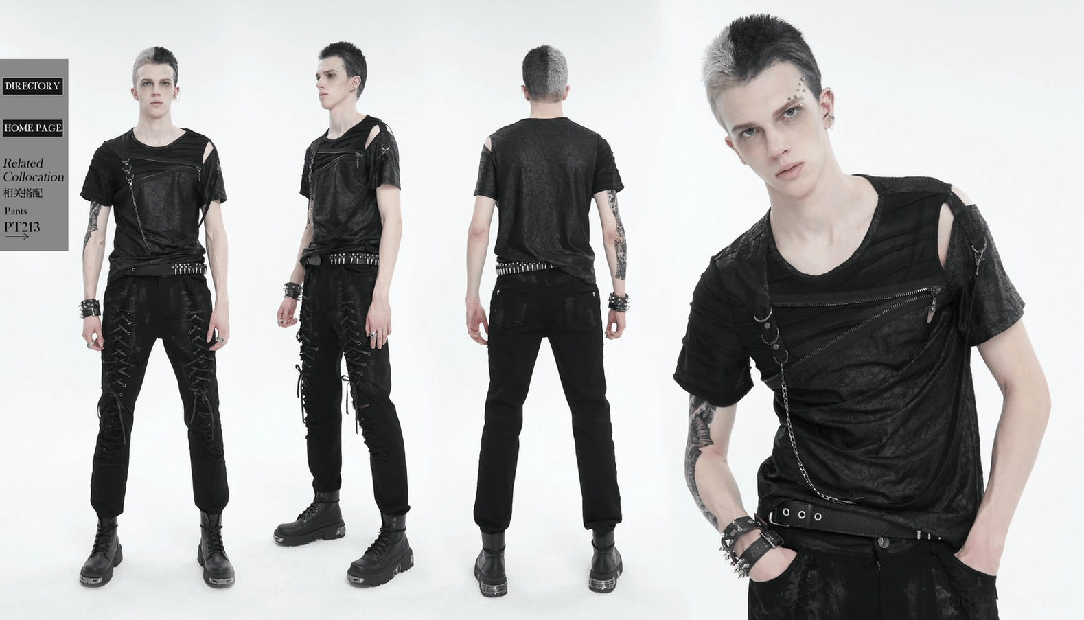 Men's gothic cold shoulder t-shirt with chain harness alternative styling and pose perspective