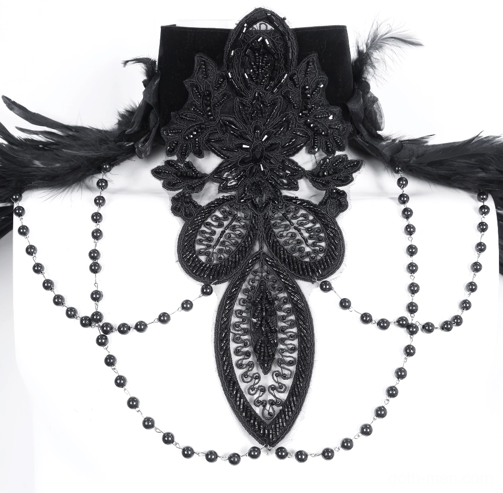Close-up detail of gothic collar beaded chains, ornate lace pendant and feather trimmings
