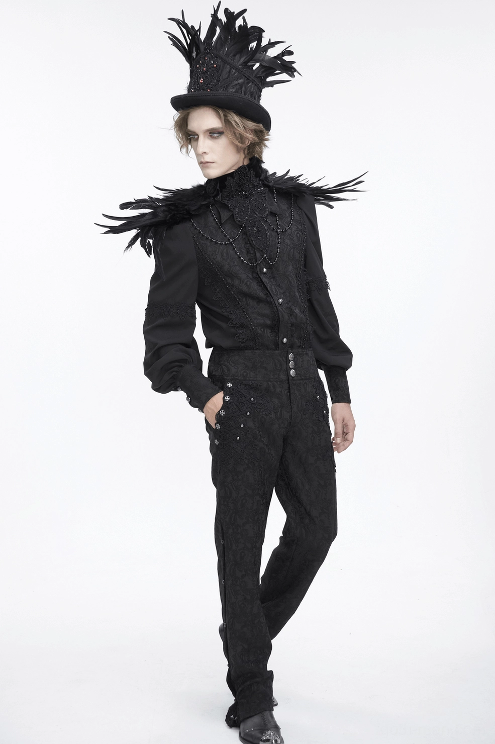 Gothic beaded feather collar complete styling detail showing all ornamental elements