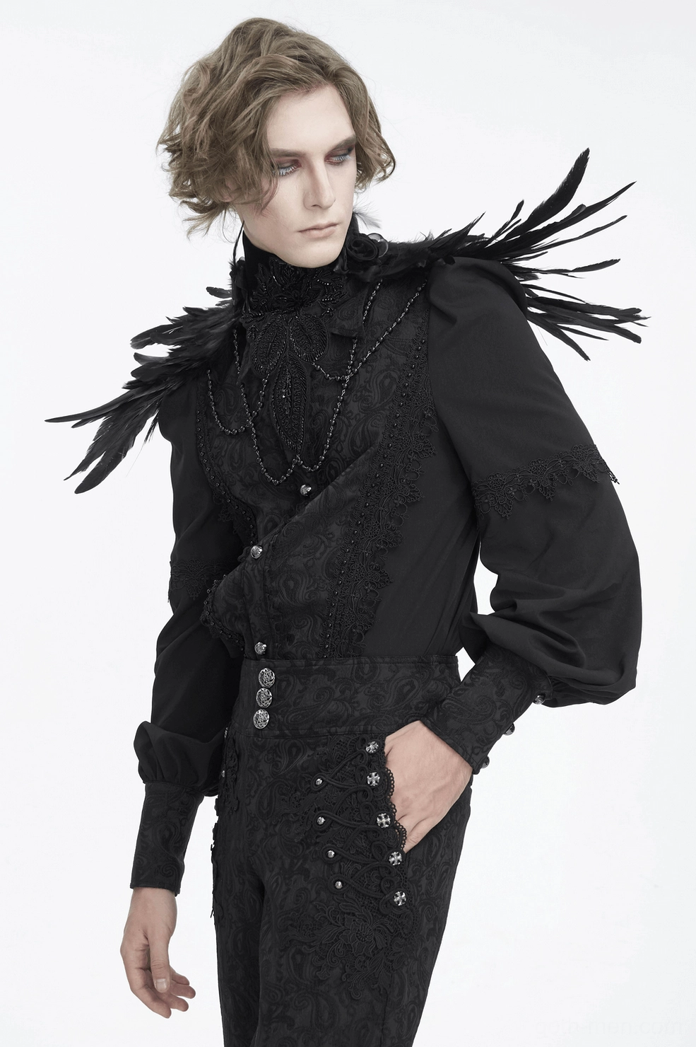 Gothic feather collar lace and bead embellishment pattern and design detail
