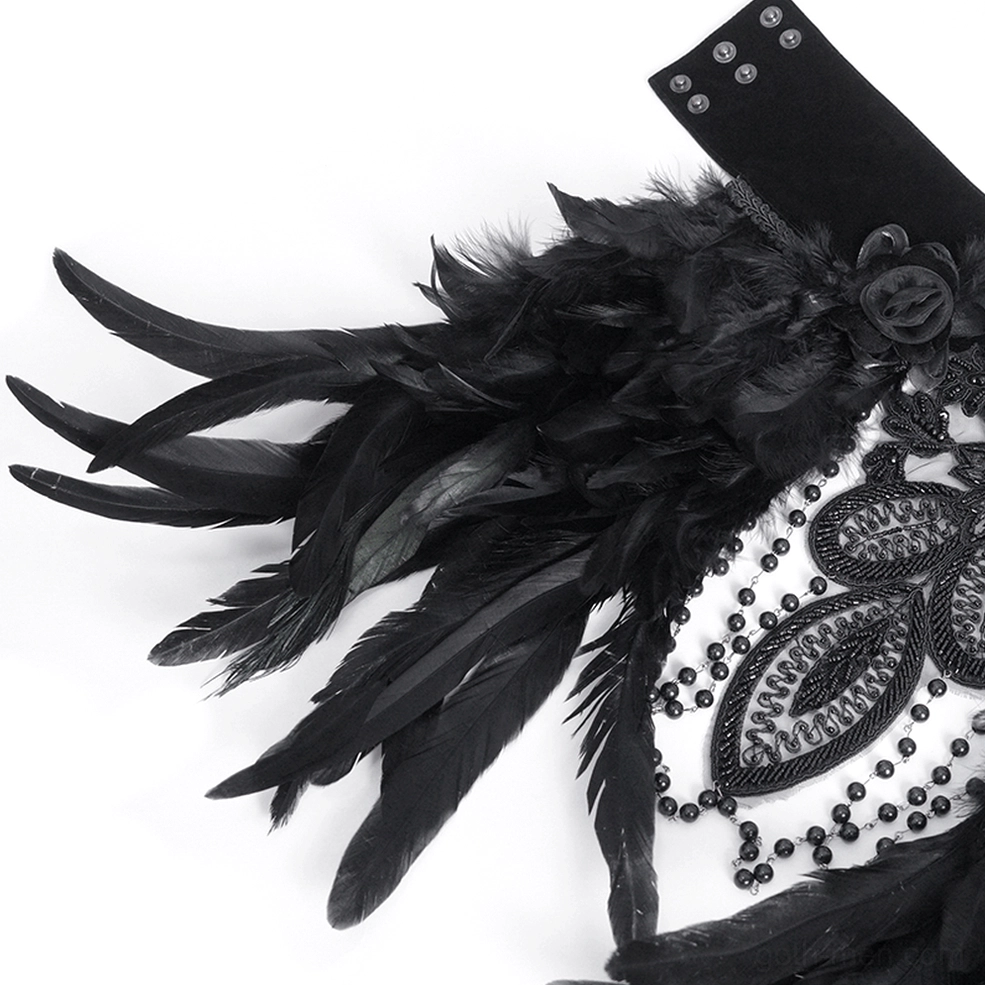Gothic feather beaded collar layered chains and ornamental pendant centerpiece close-up