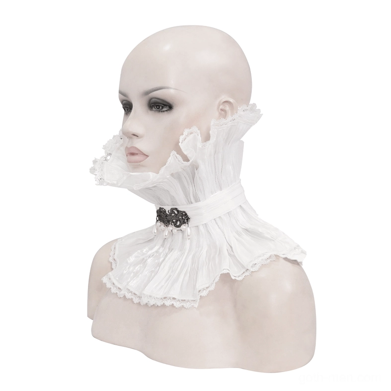 Left side profile view of detachable white gothic collar on mannequin showing pleated fabric and metal brooch trim detail
