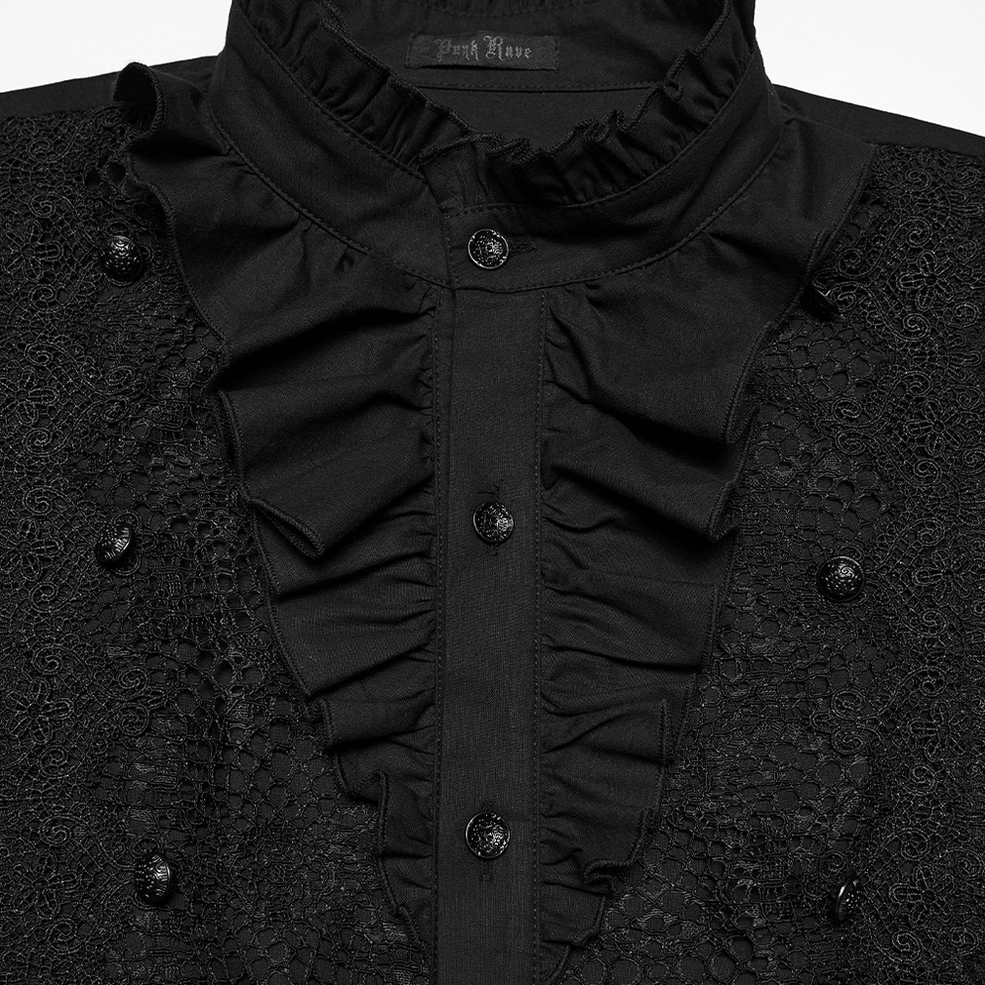 Gothic ruffled collar and button placket close-up detail - ornate stand-up collar with decorative buttons and lace trim embellishment