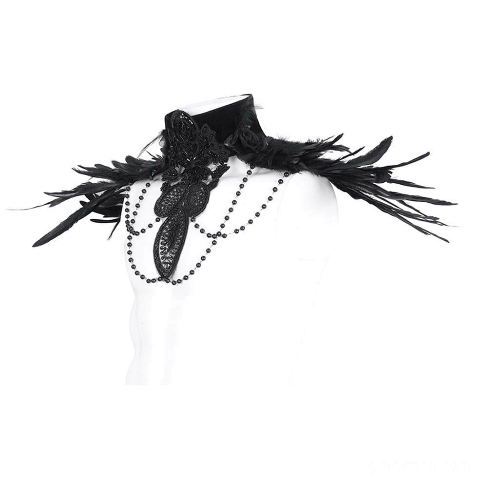 Gothic feather collar with velvet choker base and beaded lace accents on mannequin angled perspective