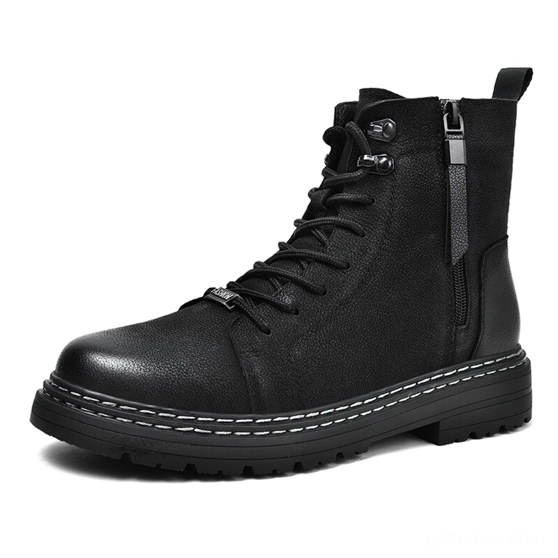 Black leather gothic combat boots with lace-up closure and side zipper, left front three-quarter view