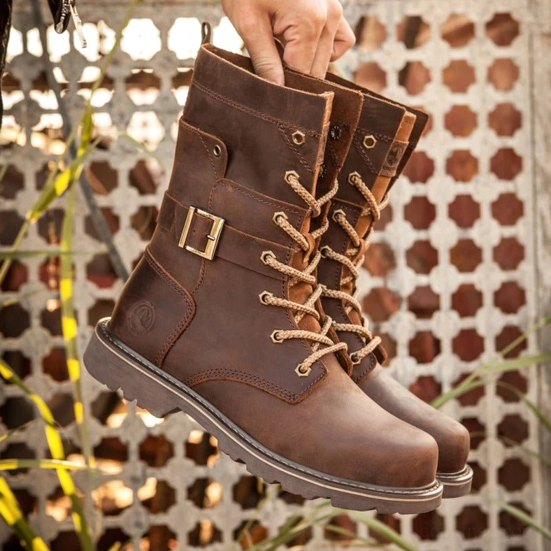 Gothic combat boots sizing and construction detail, genuine cow leather with industrial buckle closure system