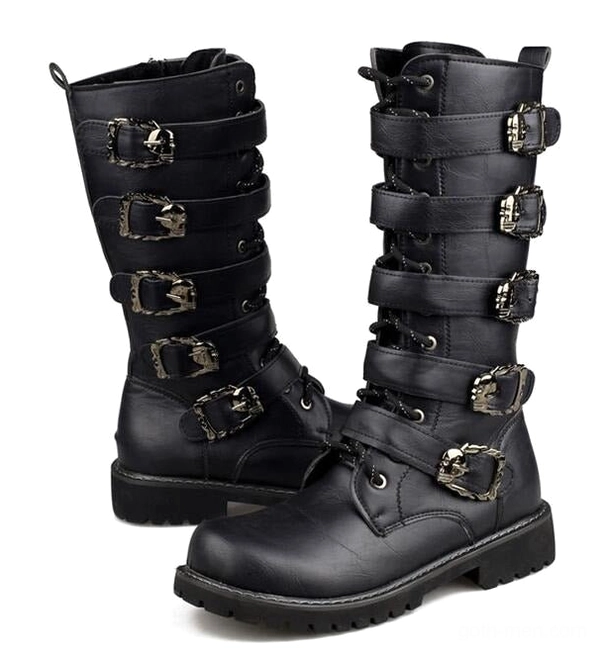 Stacked metal skull buckles on black PU leather mid-calf combat boots three-quarter angle
