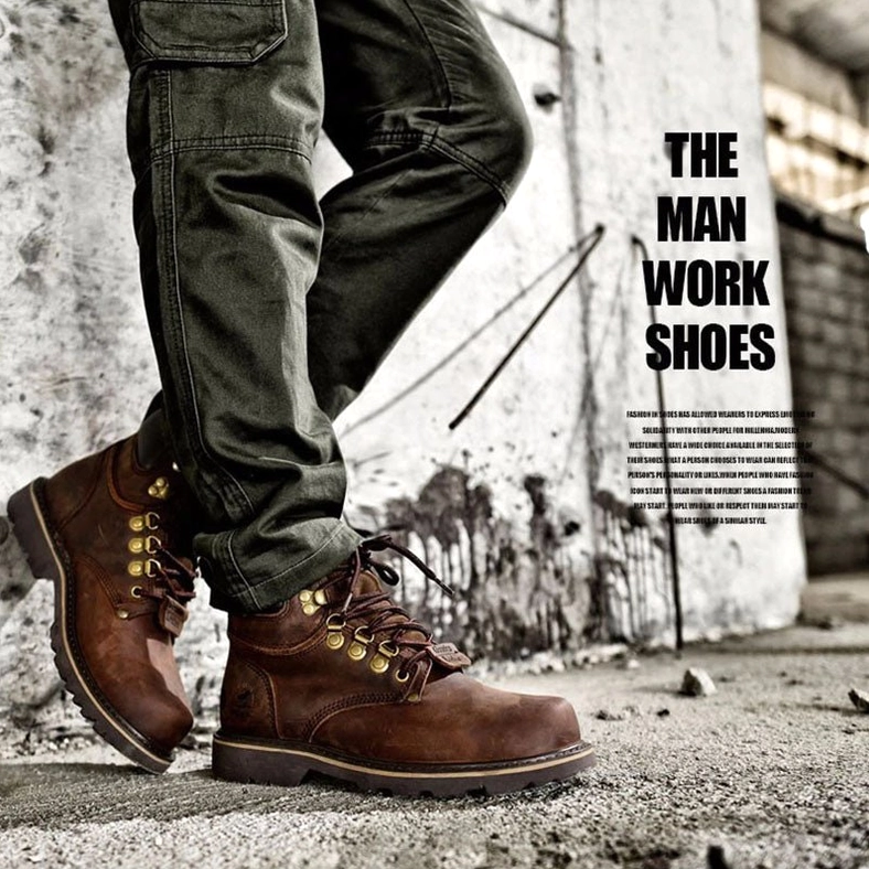 Dark brown genuine leather military combat boots being worn with cargo pants in industrial work environment - authentic styling demonstration