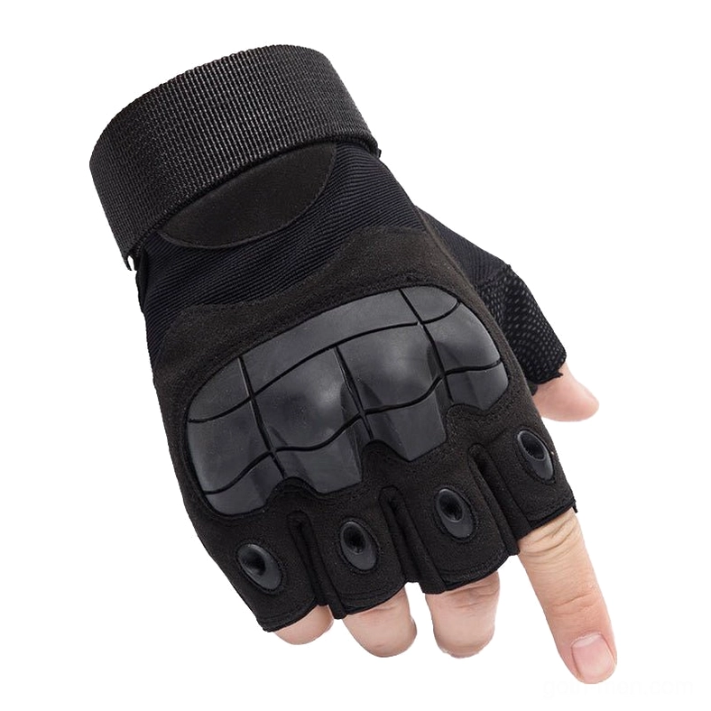 Tan brown half-finger tactical gloves front view featuring cut-off fingers and carbon fiber knuckle guards with adjustable wrist strap