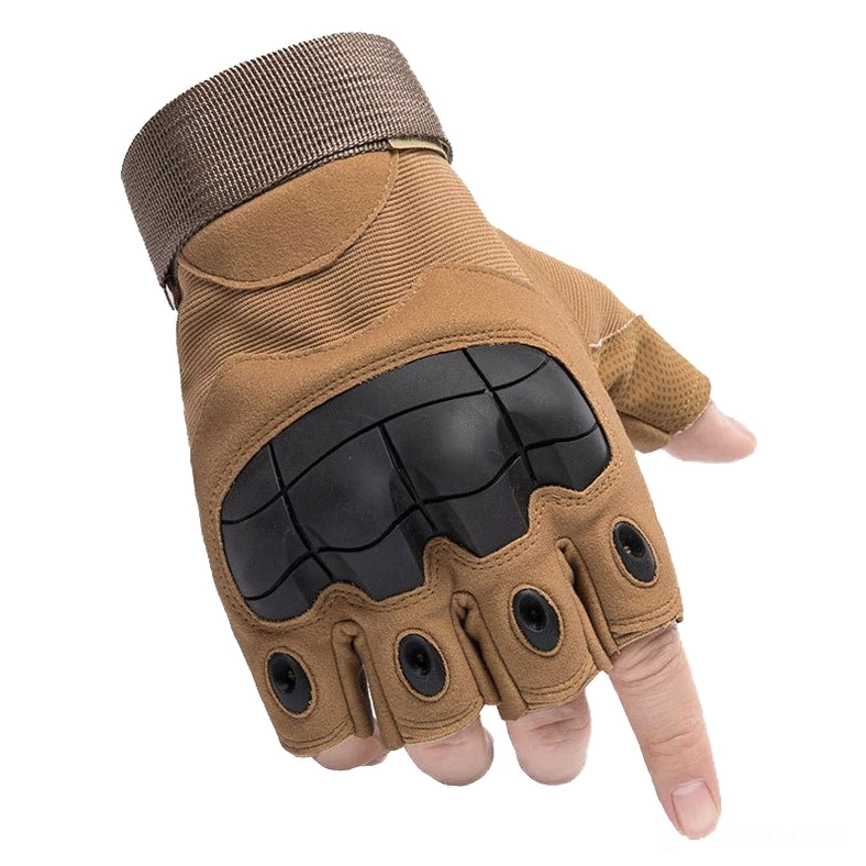 Tan brown half-finger tactical combat gloves on model hand close-up, finger cut design with hook and loop wrist closure detail
