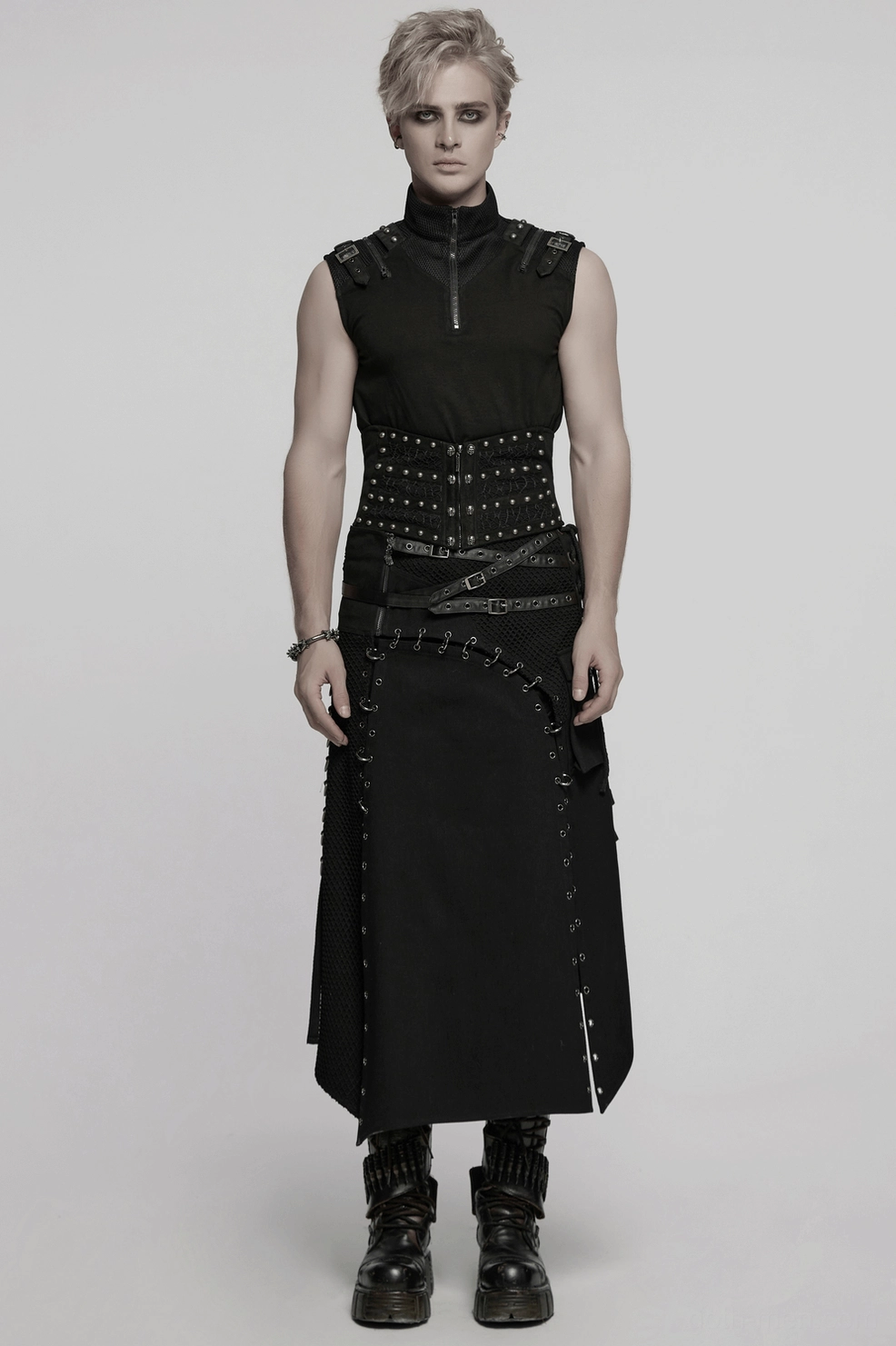 Gothic corset belt displaying full adjustable lace-up back system with metal eyelets for customizable fit