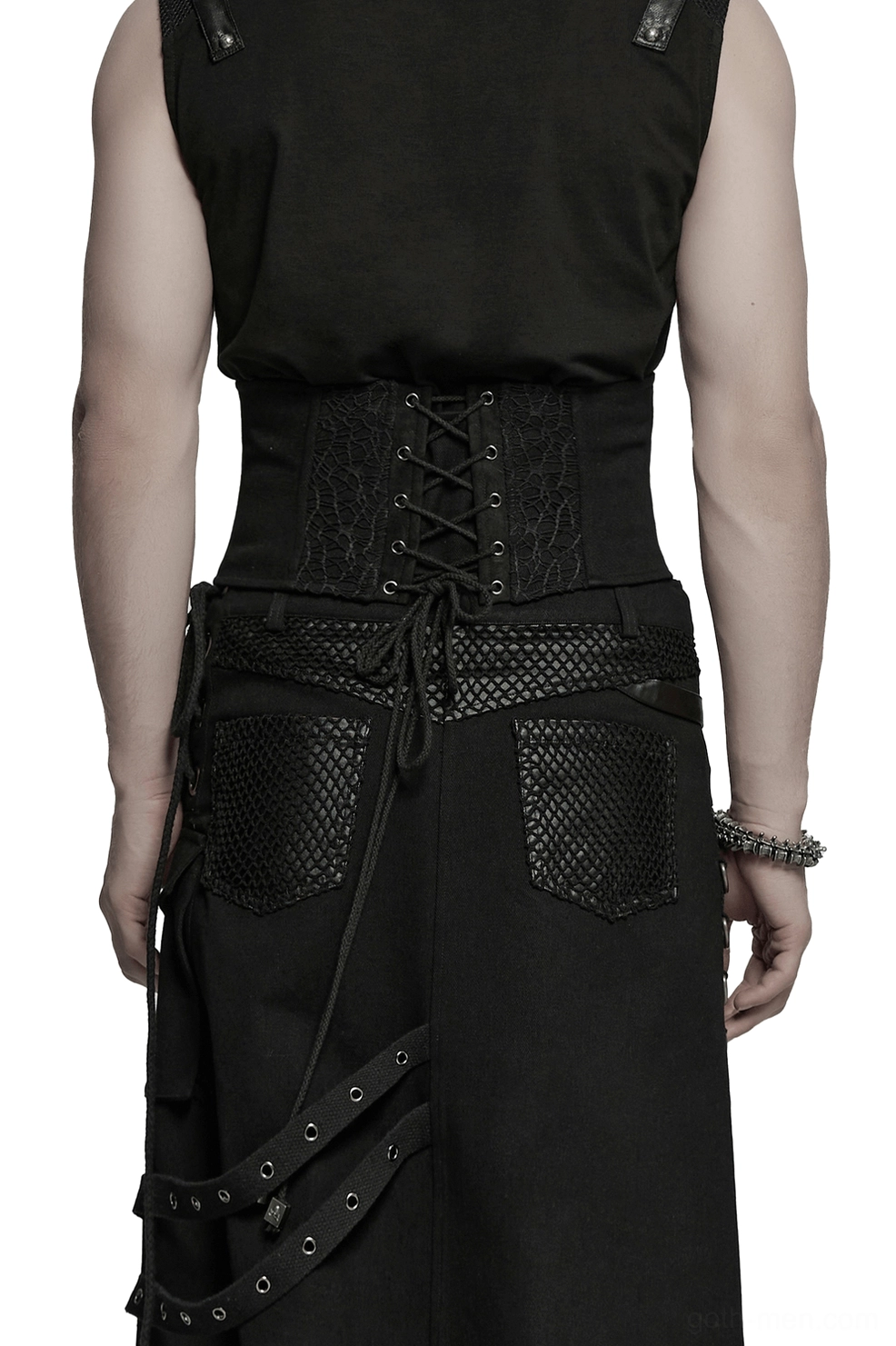 Gothic corset belt rear view showing crisscross lace-up back design with adjustable straps