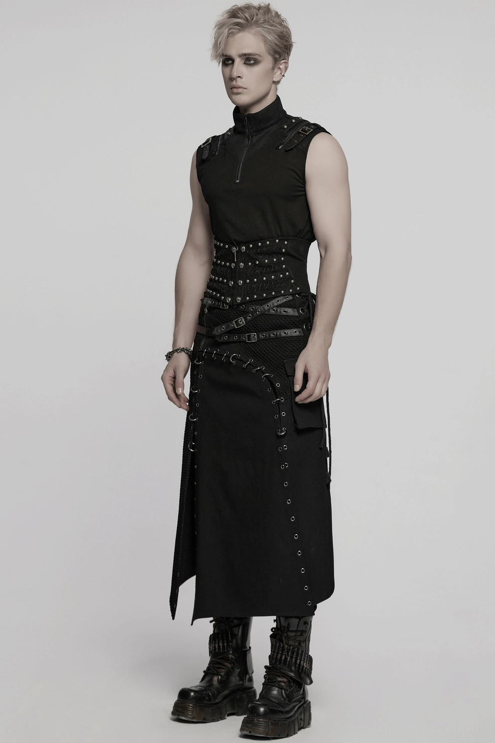 Flat lay of black gothic corset belt showing all design elements including front zipper, rivets, and lace-up hardware