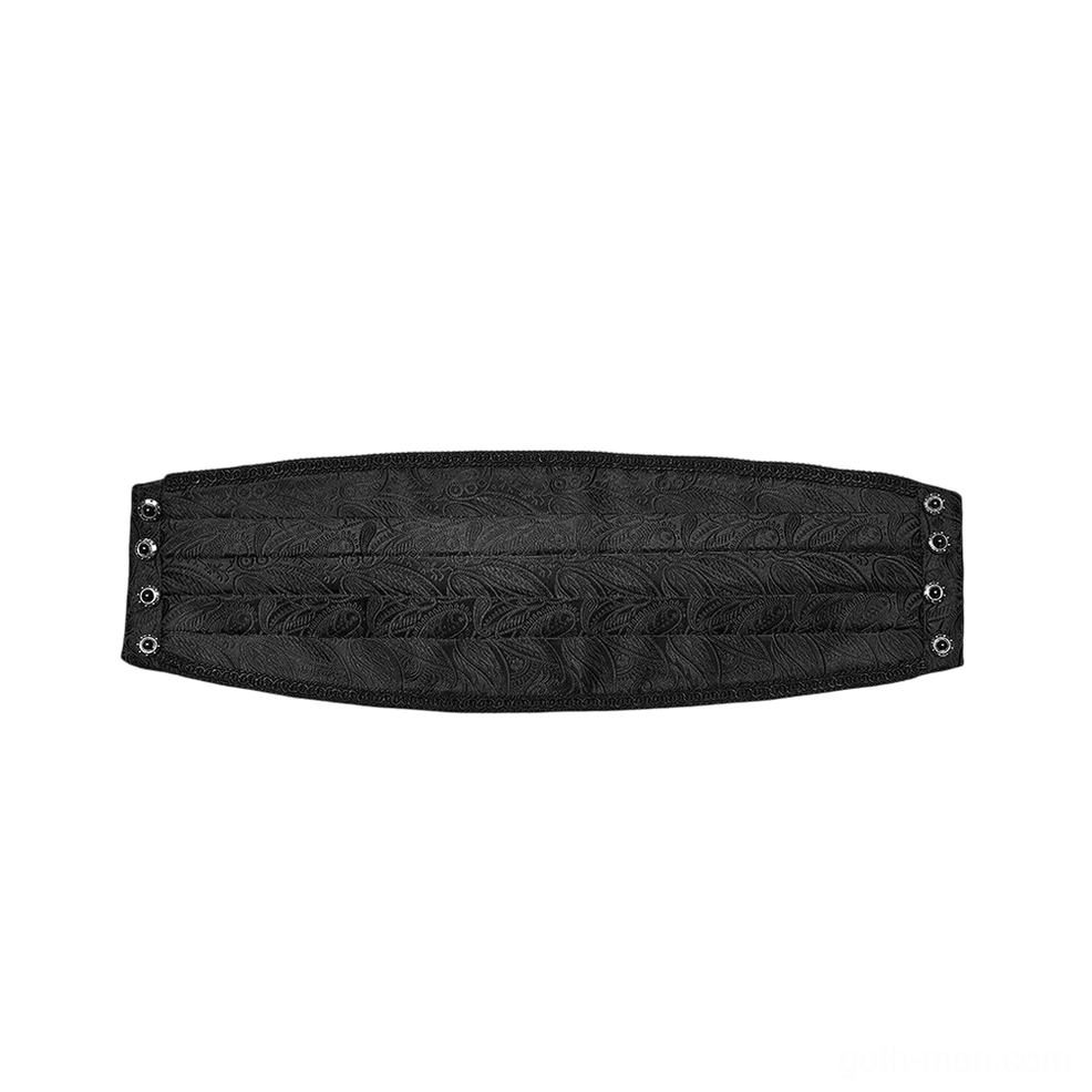 Flat lay top-down shot of black jacquard pleated gothic corset belt displaying intricate paisley weave pattern and snap closures