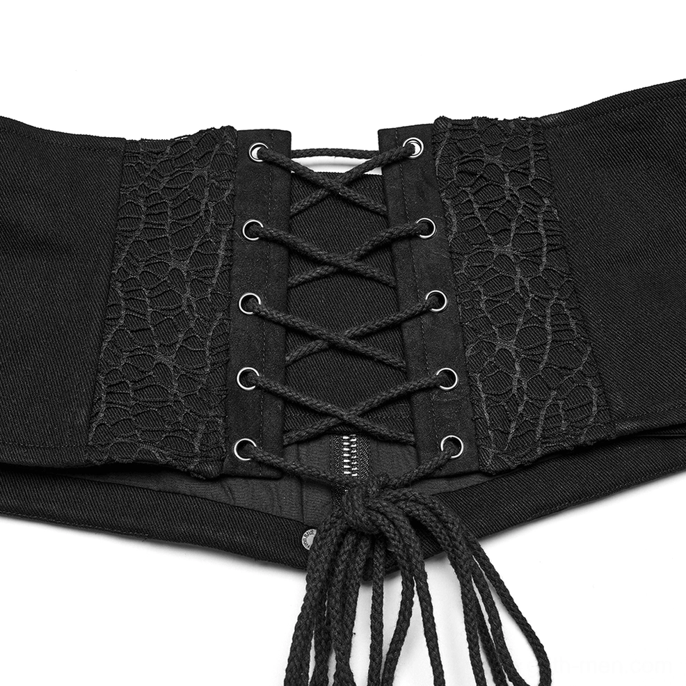 Close-up rear detail of gothic corset belt showing crisscross lace-up back with spider web fabric and metal grommets