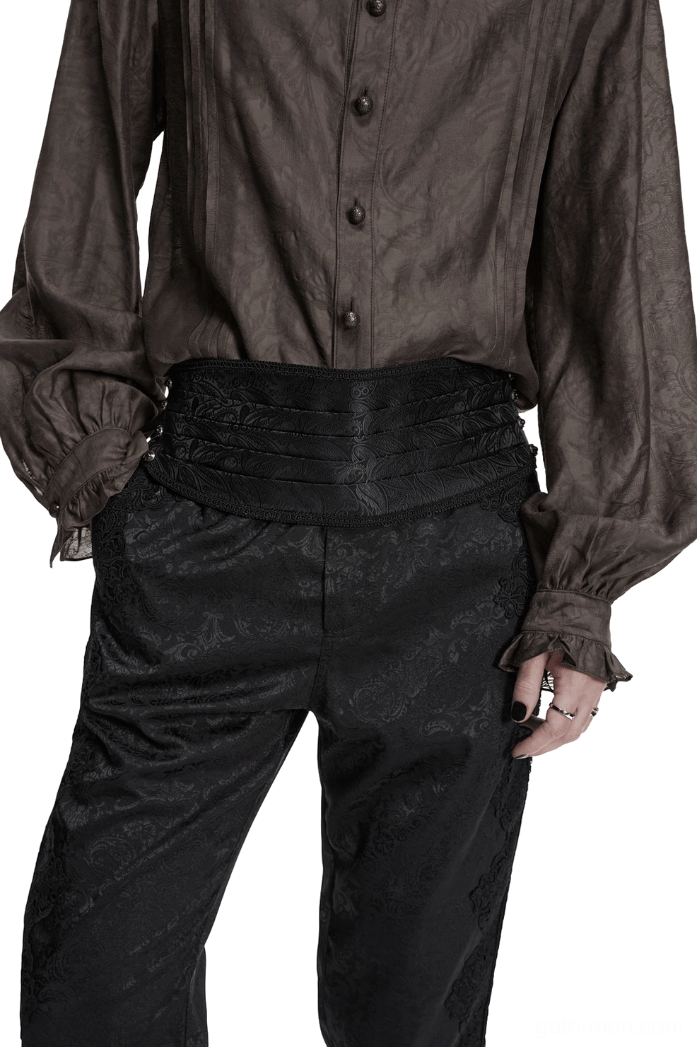 Black jacquard pleated gothic corset belt worn by male model in studio setting, front full-body view showcasing dimensional pleat design and waist definition