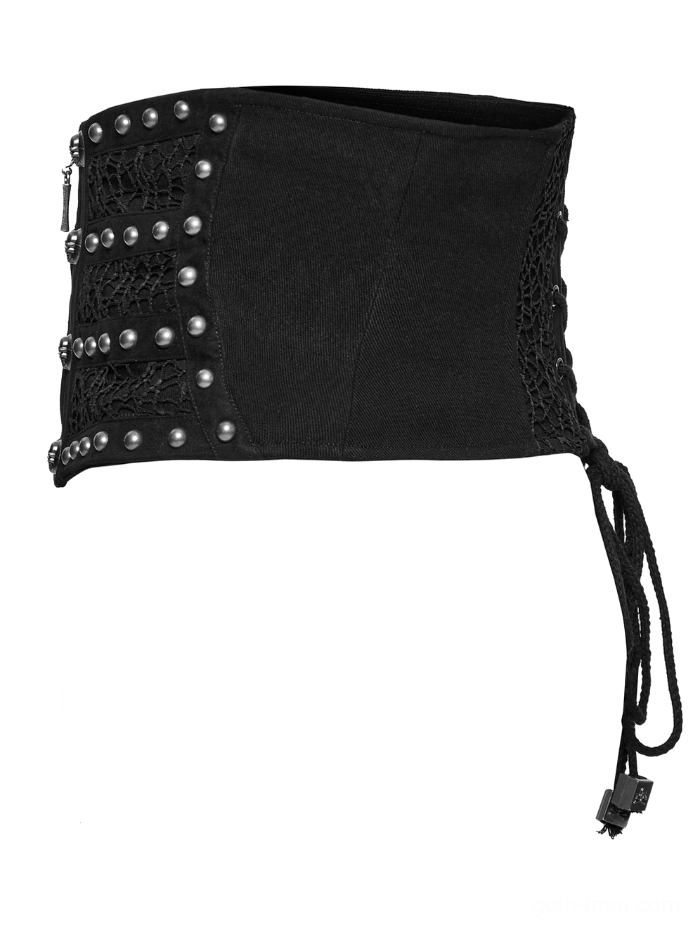Side profile of men's gothic corset belt showing metal rivet trim and adjustable lace-up panel