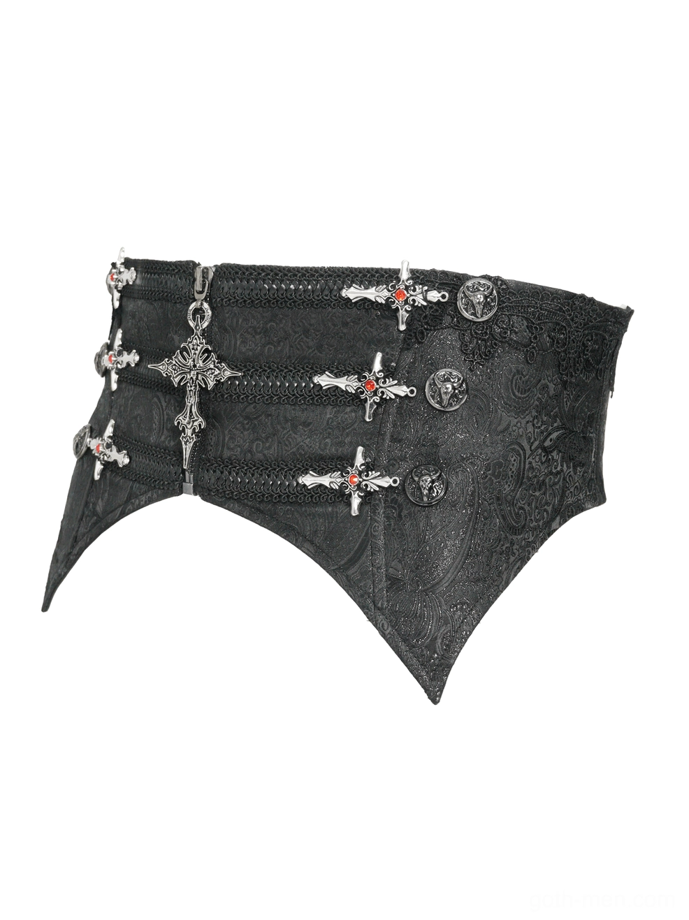 Side view flat lay of gothic waist corset showing asymmetrical curved hem edge and delicate lace trim detailing