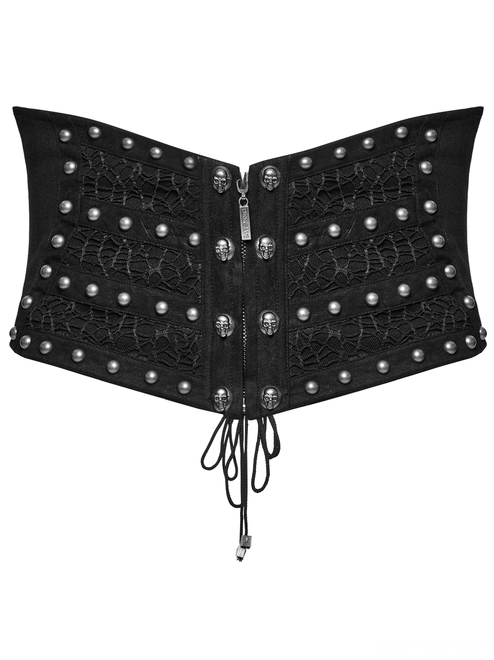 Front view of gothic corset belt with skull metal fasteners, round rivets, and front zipper with drawstring tail detail