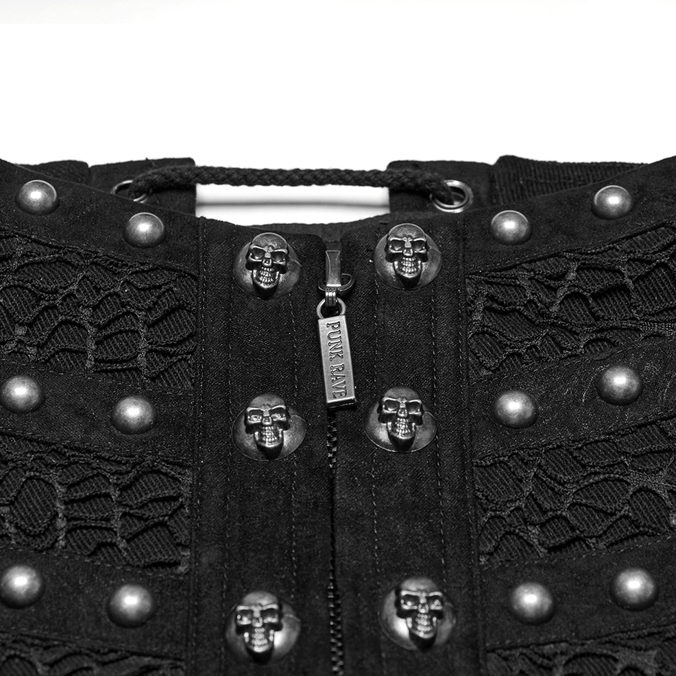 Partial close-up of gothic corset belt front featuring skull-shaped studs, round rivets, and branded metal zipper charm