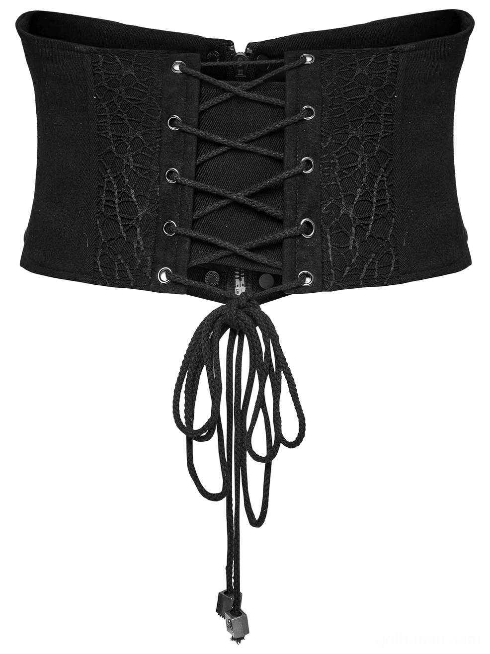 Front detail of gothic corset belt with spider web texture pattern and crisscross lace-up front with metal eyelets