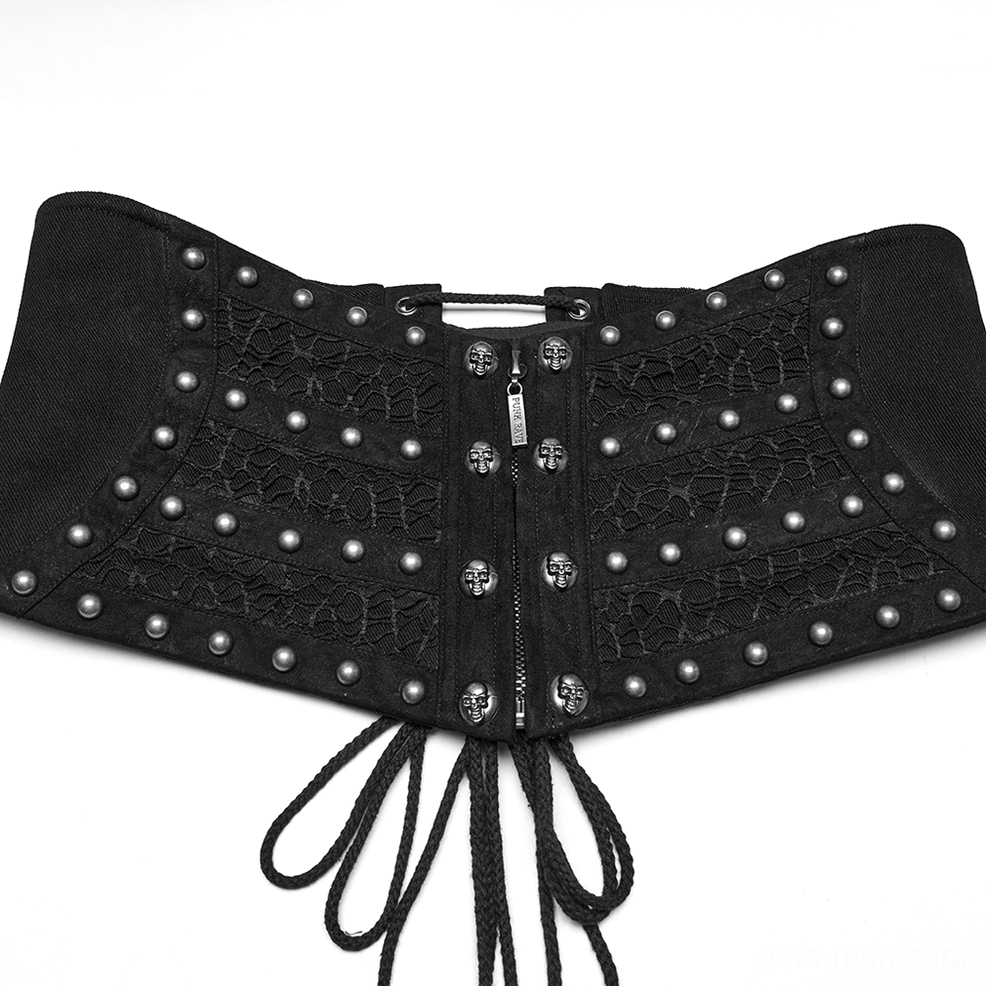 Top-down view of black gothic corset belt showing front zipper, round rivets, and drawstring bottom accent