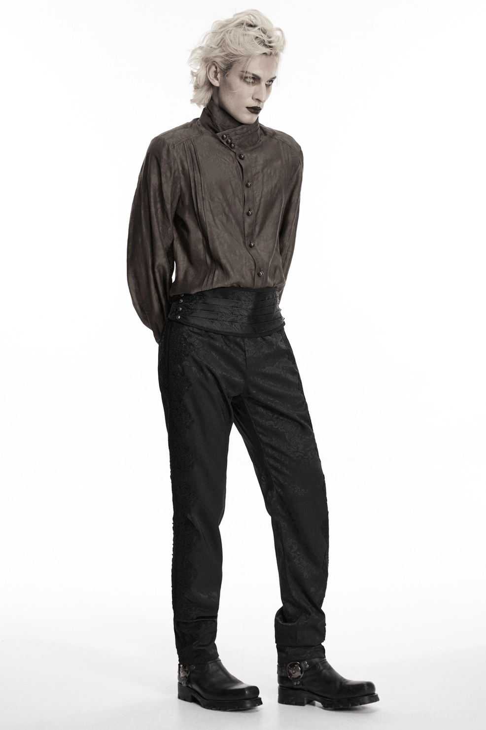 Black jacquard pleated gothic corset belt demonstrating waistline sculpting effect and dimensional pleat structure in casual styling context