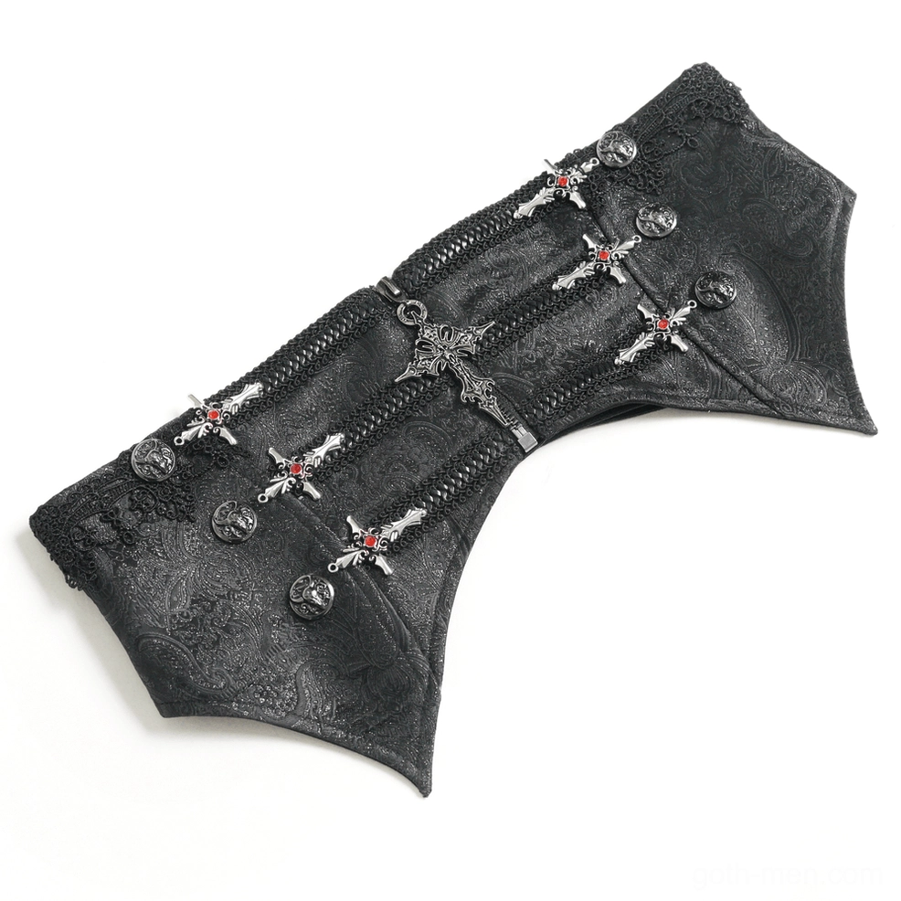Side flat lay of gothic waist corset with intricate silver cross decorations and curved bottom hem silhouette