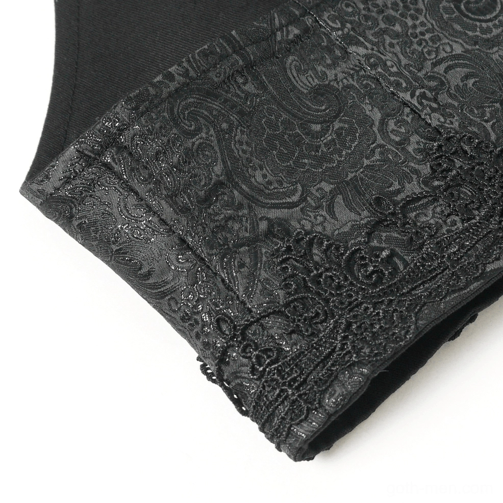 Three-quarter view of black brocade gothic corset showing overall silhouette and silver cross embellishments