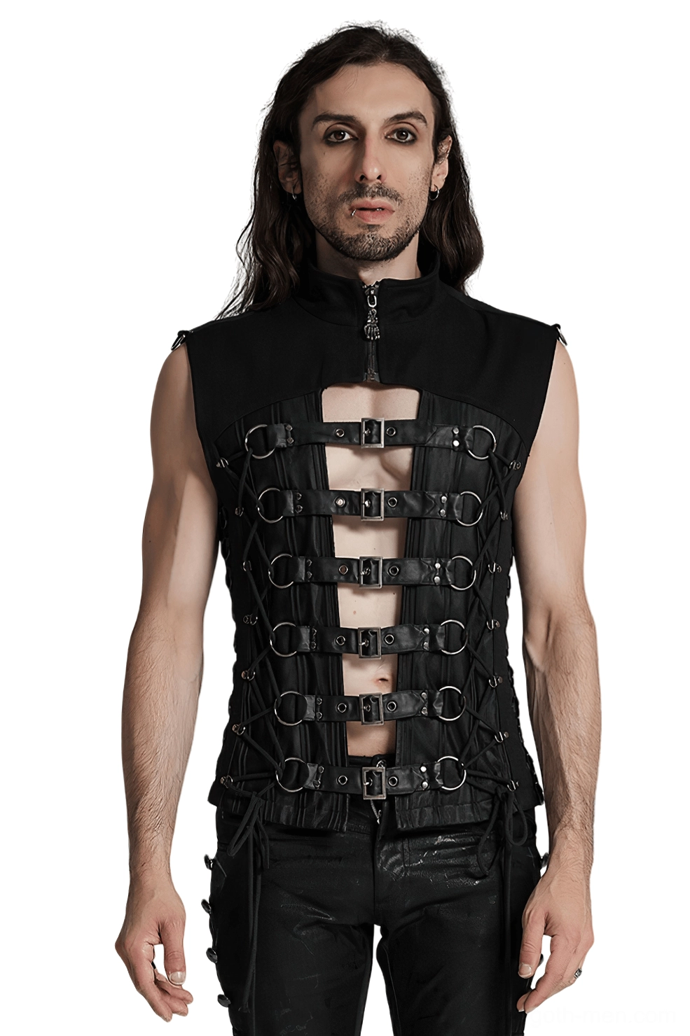 Black gothic buckle lace-up corset vest front view on model with stand collar and metal D-ring details