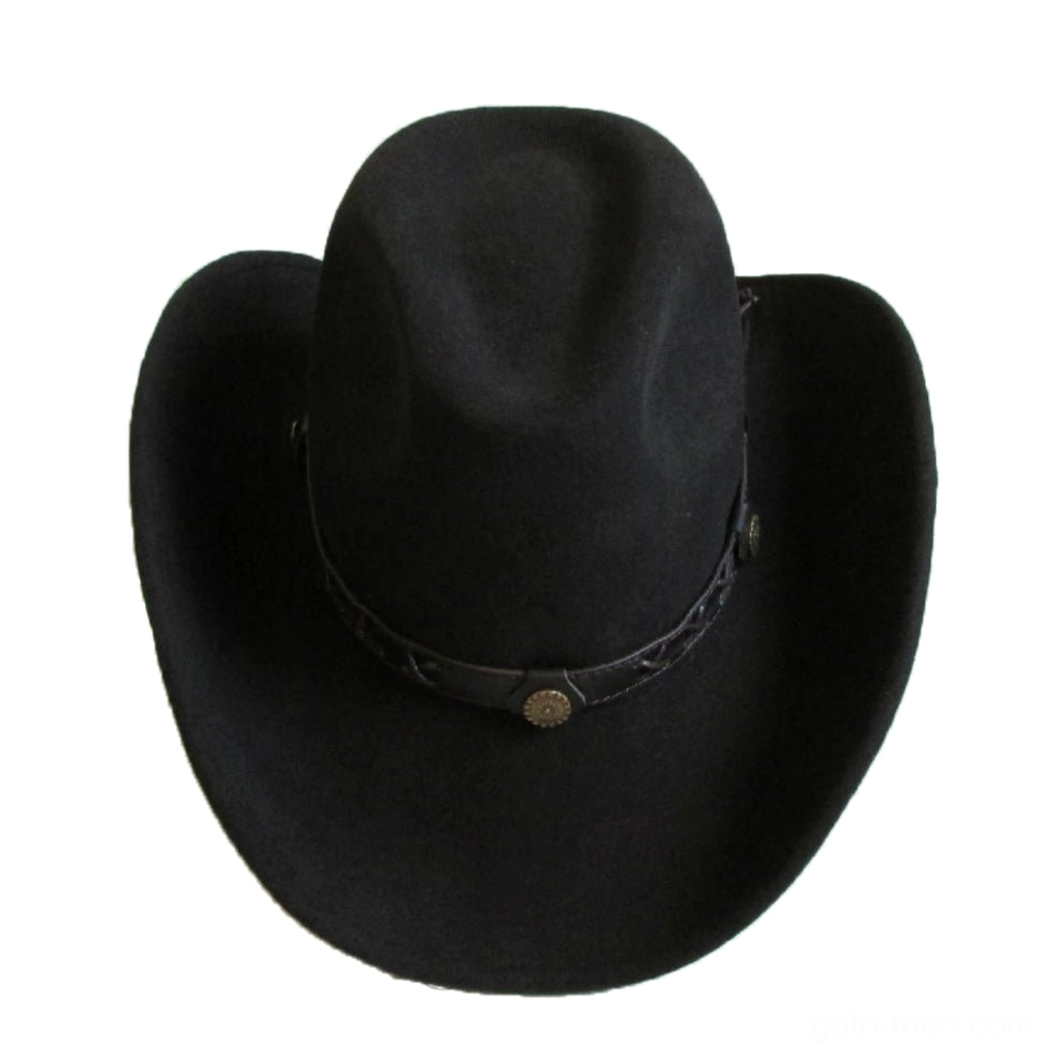 Wide brim black fedora cowboy hat overhead front view showing metal ornament on braided hat band