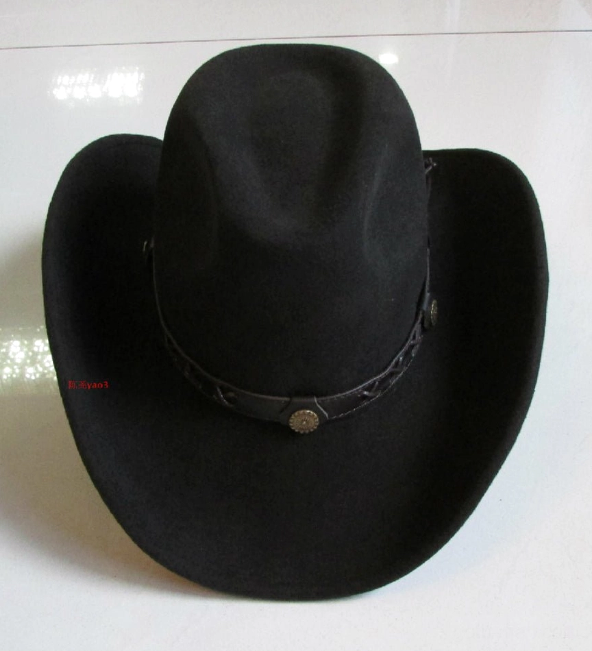 Black wool fedora gothic cowboy hat with metal-decorated braided leather band, left angle