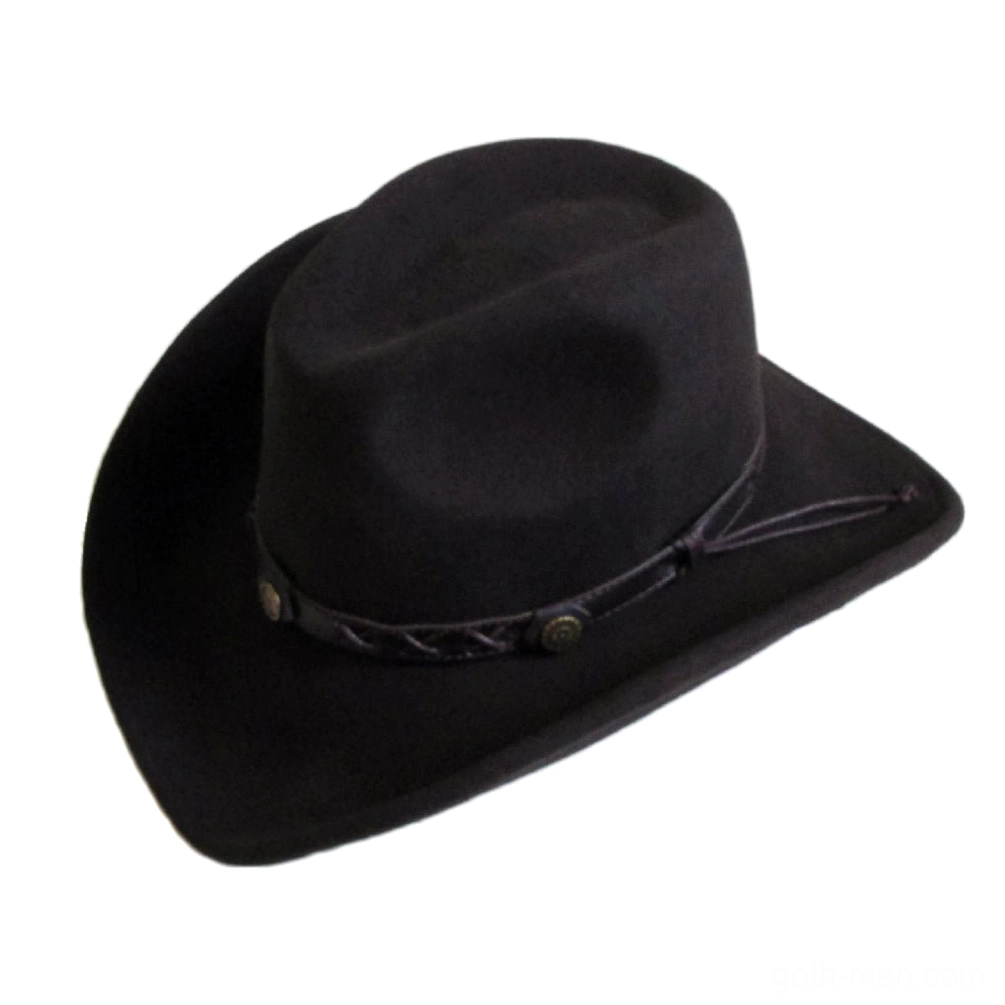 Black wool gothic cowboy hat with braided leather band and metal rivets, left three-quarter view
