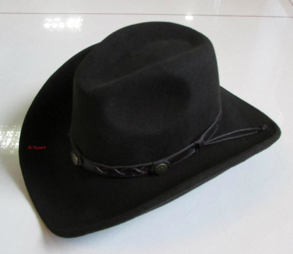 Black wool gothic cowboy hat with studded leather strap, right three-quarter angle detail