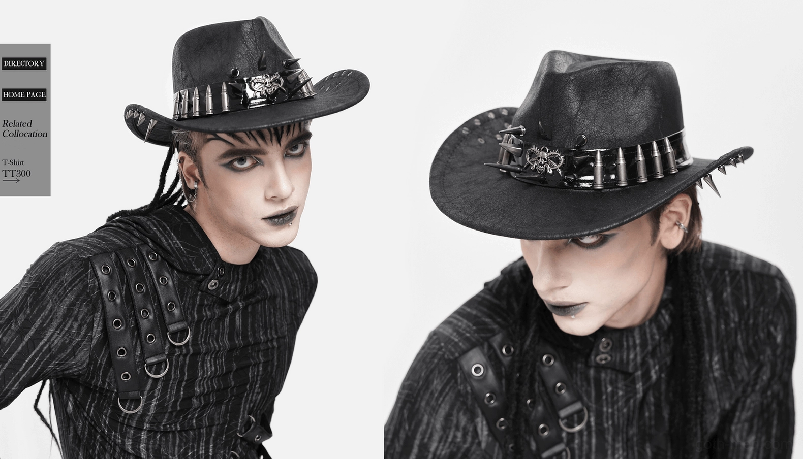 Gothic skull and bullet band cowboy hat displayed on mannequin showing full crown design and metal hardware embellishments