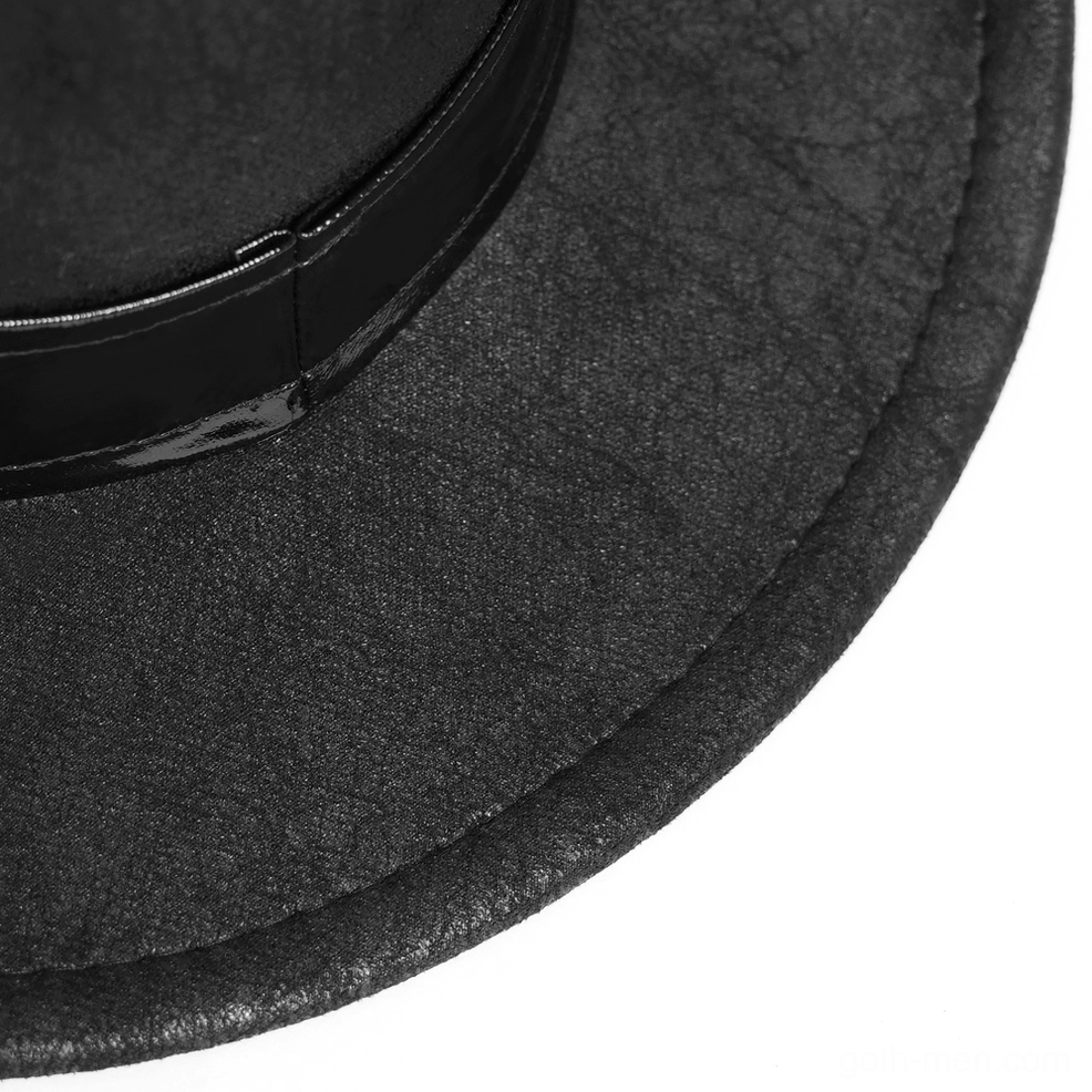 Black skull decorated gothic cowboy hat showing metal hardware finish and faux leather material quality from alternative angle
