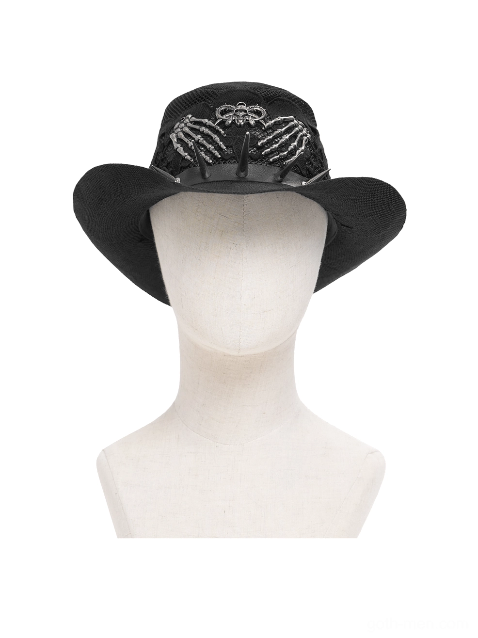Tattooed punk model wearing dark gothic cowboy hat with skull lace and spike trim, side profile